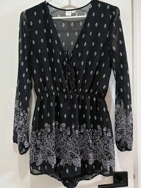 Twik Black & White Boho Long Sleeve Romper